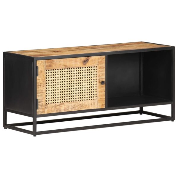 Rustic Mango Wood TV Cabinet with Natural Cane Detailing and Iron Frame - Ample Storage