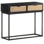 Solid Mango Wood Console Table with Iron Base and Jute Drawers - Industrial