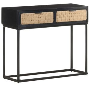 Solid Mango Wood Console Table with Iron Base and Jute Drawers - Industrial