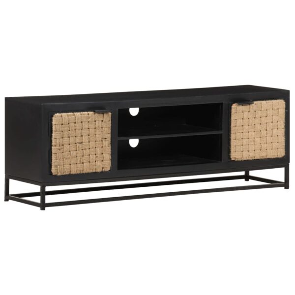 Solid Mango Wood TV Cabinet Industrial  with Jute Door and Iron Base