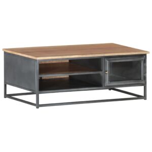 Stylish Solid Acacia Wood Coffee Table with Glass Door and Steel Legs in Grey