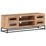 Solid Acacia Wood TV Cabinet with Steel Base  Four Drawers and Two Shelves  Industrial Charm