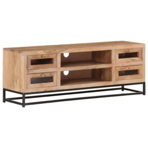 Solid Acacia Wood TV Cabinet with Steel Base  Four Drawers and Two Shelves  Industrial Charm