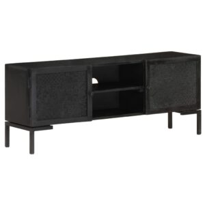 Solid Mango Wood TV Cabinet in Black - Industrial  with Shelves and Doors