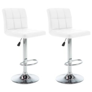 Set of 2 White Faux Leather Bar Stools with Adjustable Height and Gas Lift Mechanism