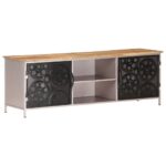 Rough Mango Wood TV Cabinet with Iron   Bicycle Chain Wheel Design  No Assembly Required