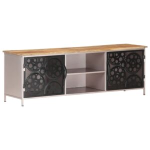 Rough Mango Wood TV Cabinet with Iron   Bicycle Chain Wheel Design  No Assembly Required