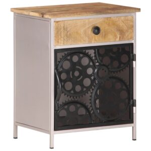 Rough Mango Wood Bedside Cabinet with Unique Bicycle Chain Wheel Design  40x30x50 cm