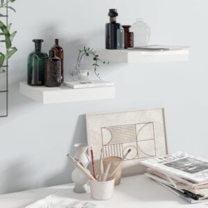 High Gloss White Floating Wall Shelves Set of Two  Honeycomb MDF Metal  Invisible Mounting System