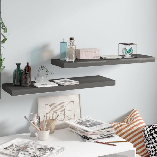 High Gloss Grey Floating Wall Shelves Set of Two  Invisible Mounting  Honeycomb MDF Metal