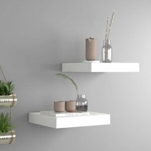 Set of Two White Floating Wall Shelves  Invisible Mounting  Honeycomb MDF and Metal Frame