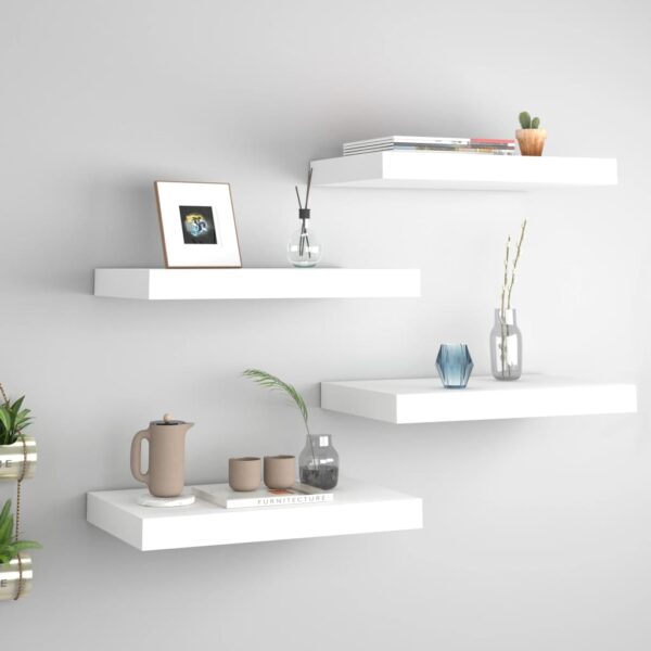 Set of Four White Floating Wall Shelves  Invisible Mounting  Honeycomb MDF and Metal