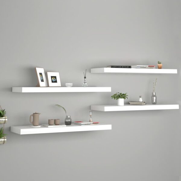 Set of Four White Floating Wall Shelves  Invisible Mounting  Honeycomb MDF and Metal Frame