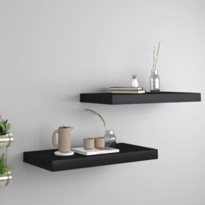 Set of Two Black Floating Wall Shelves  Honeycomb MDF and Metal  Invisible Mounting System