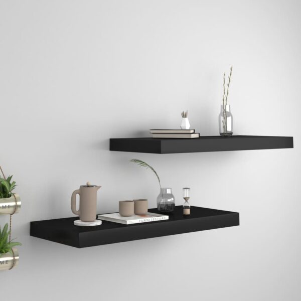 Set of Two Black Floating Wall Shelves  Honeycomb MDF and Metal  Invisible Mounting System