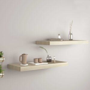 Set of 2 Oak Floating Wall Shelves  Invisible Mounting  Honeycomb MDF  Metal  Durable