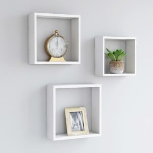 White MDF Wall Cube Shelves Set of Three  Invisible Mounting  Home Decor Display