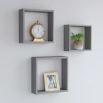 Set of Three Grey MDF Wall Cube Shelves with Invisible Mounting System