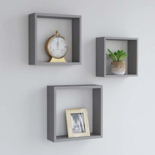 Set of Three Grey MDF Wall Cube Shelves with Invisible Mounting System