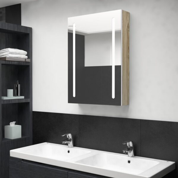 LED Illuminated Bathroom Mirror Cabinet in White and Oak Finish with Interior Shelves