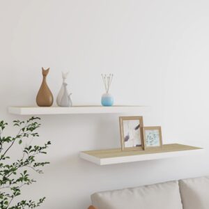 Floating Wall Shelves Set of 2 in Oak and White  Honeycomb MDF  Metal  Invisible Mounting System