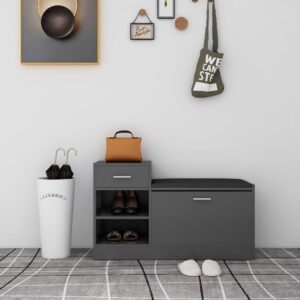 Modern Grey Shoe Bench with Faux Leather Seat - Engineered Wood - Ample Storage Space