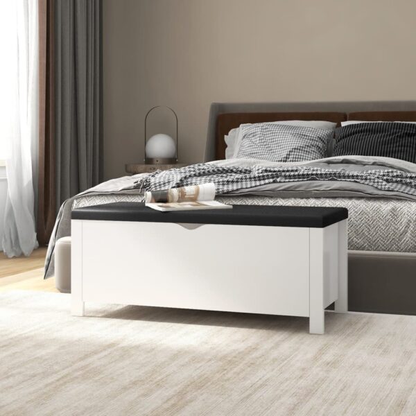 White Storage Box with Cushion  Engineered Wood  Ample Space  Easy to Clean  Comfortable Bench