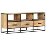 Rustic Industrial Solid Mango Wood TV Cabinet with Drawers and Shelves Natural Finish