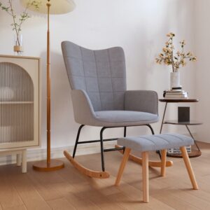 Modern Light Grey Fabric Rocking Chair with Stool  Elegant Design  Comfortable Foam Padding