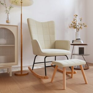 Chic Cream Fabric Rocking Chair with Stool  Elegant Modern Design  Comfortable Foam Padding