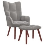 Light Grey Velvet Relaxing Chair and Stool Set  Comfortable Foam Filling  Solid Wood and Steel Frame