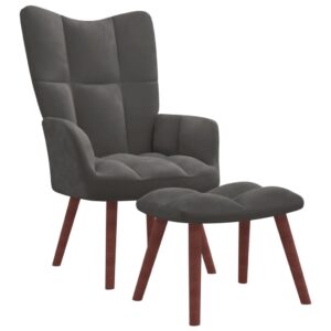 Velvet Relaxing Chair with Stool Set in Dark Grey  Foam Filled  Solid Wood and Steel Frame