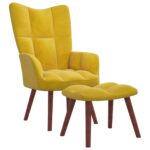 Mustard Yellow Velvet Relaxing Chair with Stool  Foam Filled  Steel Frame  Wooden Legs