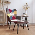 Chic Elegant Relaxing Chair with Stool in Bright Patchwork Design  Soft Fabric  Steel Frame