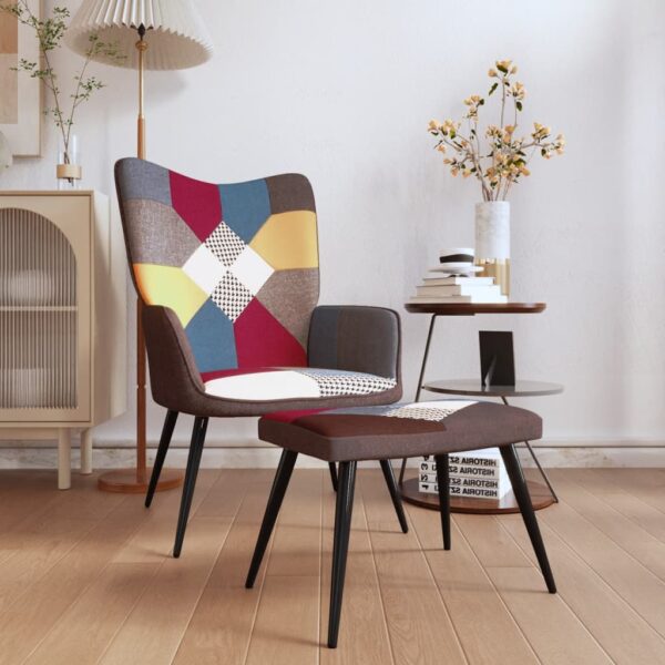 Chic Elegant Relaxing Chair with Stool in Bright Patchwork Design  Soft Fabric  Steel Frame