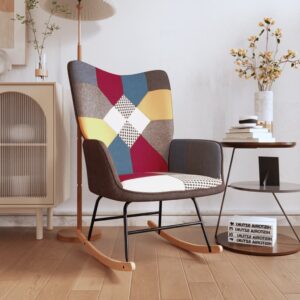 Multicolour Patchwork Fabric Rocking Chair  Steel Frame  Solid Wood Rails  Foam Filled  Assembly Required