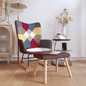 Multicolour Patchwork Fabric Rocking Chair with Stool  Foam Filled  Solid Wood and Steel Frame