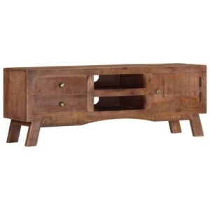 Classic Wooden TV Cabinet with Shelves and Drawers in Rough Mango Wood  Grey Finish