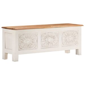 Solid Acacia Wood Storage Box with Exquisite Carved Patterns and White Finish