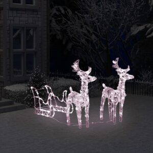 LED Lit Reindeer and Sleigh Christmas Decoration  Acrylic and PVC  Warm White Light