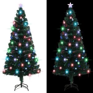 Artificial Pre-Lit Christmas Tree with Stand  Fibre Optic and LED Lights  Green  150cm