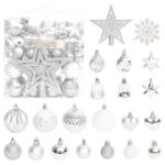 70 Piece Christmas Bauble Set in Silver and White  Shatterproof  Multiple Sizes  Lightweight  with Storage Box