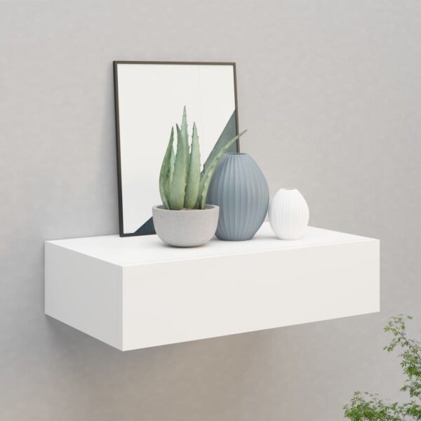 White Wall-Mounted Floating Shelf with Drawer  Compact MDF and Metal Design  Ideal for Home Decor