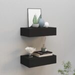 Black Wall-Mounted Drawer Shelves Set of Two - Compact MDF and Metal Floating Shelves