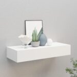 White Wall-Mounted Floating Shelf with Drawer  Compact MDF and Metal Design  Ideal for Home Decor