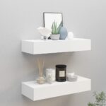 White Wall-Mounted Drawer Shelves Set of Two - Compact MDF and Metal Floating Shelves