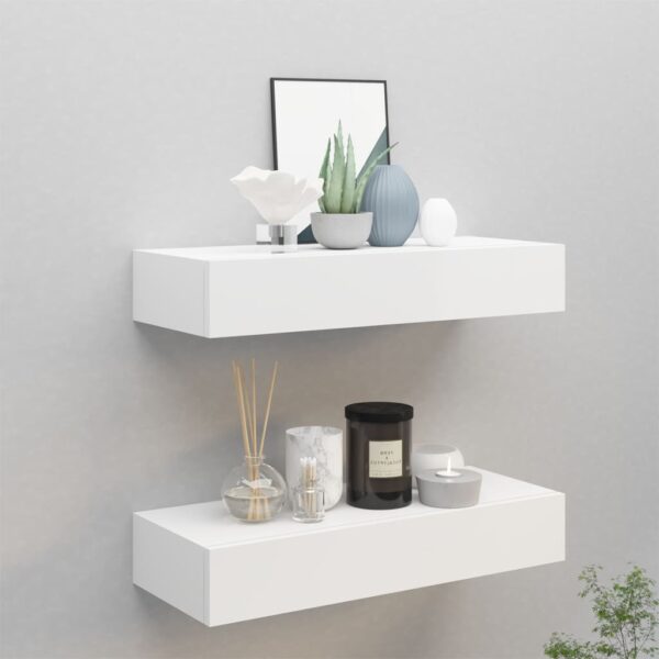 White Wall-Mounted Drawer Shelves Set of Two - Compact MDF and Metal Floating Shelves