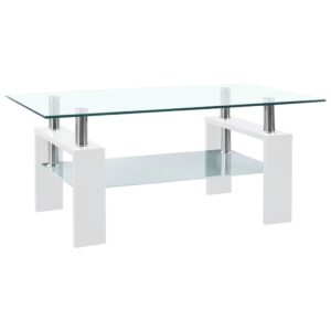 Modern White and Transparent Coffee Table with Tempered Glass Top and Extra Storage