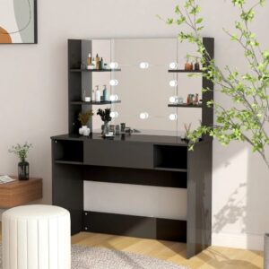 Elegant Black MDF Makeup Vanity Table with LED Lights  Modern   Ample Storage