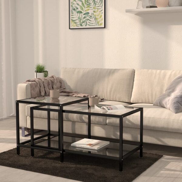 Contemporary Black Tea Tables Set of 2  Tempered Glass and Powder-Coated Steel  Space Saving Design